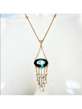Antique 14K Gold Victorian Edwardian Green Paste Glass Pearl Lariat Necklace